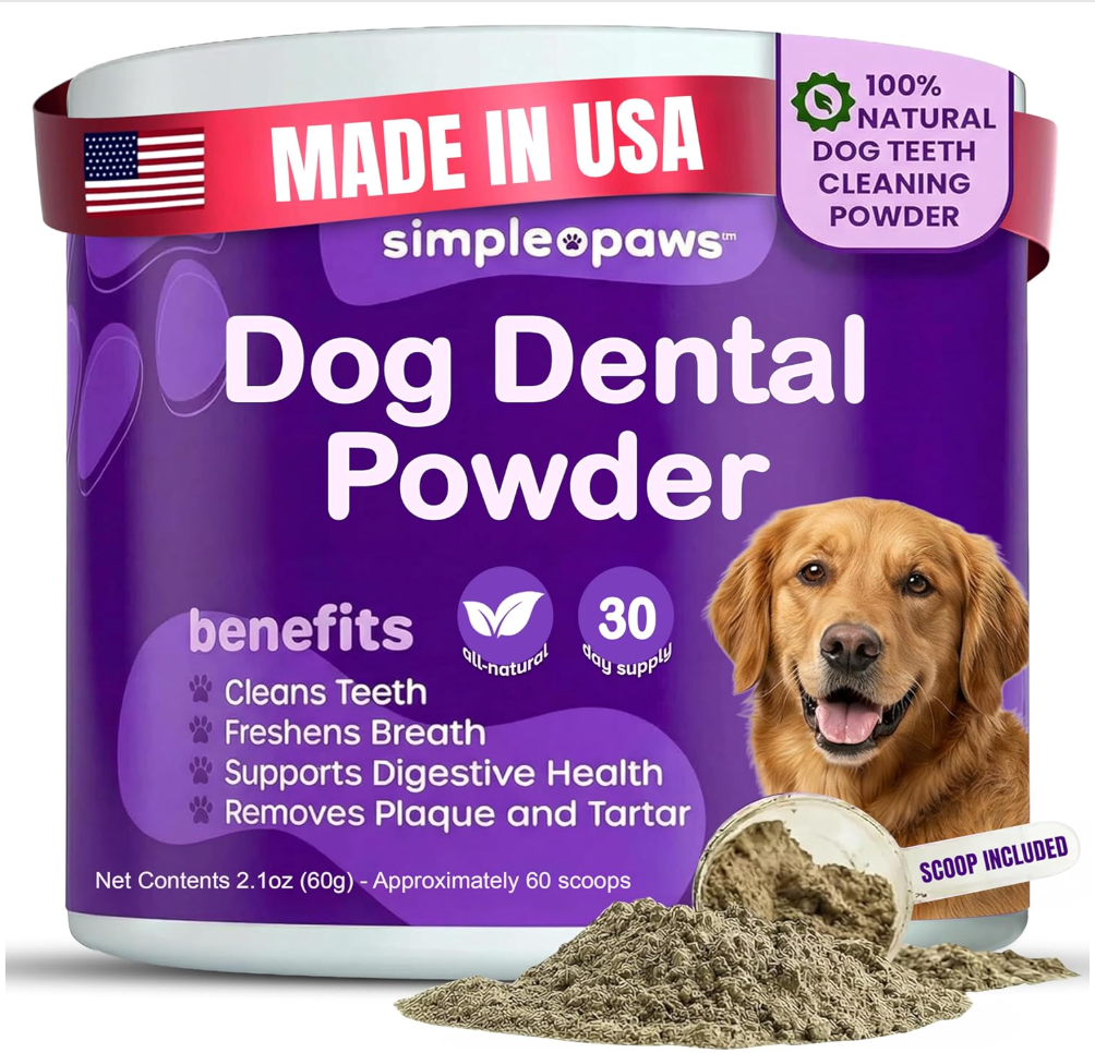 SimplePaws Dog Dental Powder with a happy dog and natural ingredients